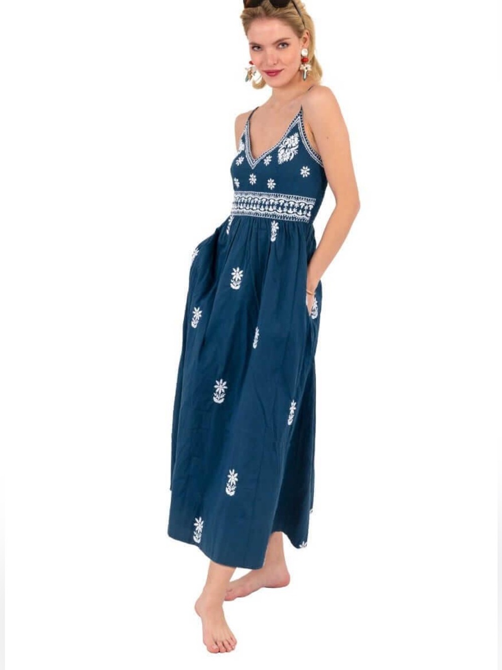Gretchen Scott navy & white Fiesta Time Hand Embroidered Midi Dress in M